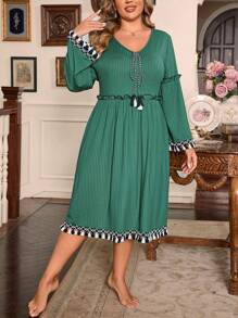 Chemise de nuit effet côtelé à franges de grande taille et bicolore - Vert - Voir 6