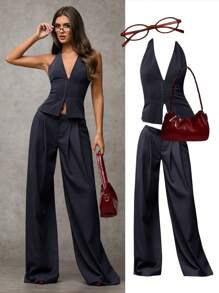 SHEIN BAE Áo blazer nữ cổ chữ V buộc dây màu trơn, kiểu dáng thường ngày, gợi cảm, phong cách công sở cổ điển, trang phục giáo viên mùa thu, trang phục công sở mùa thu. - Màu xanh hải quân - Xem 6