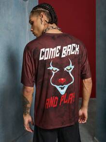 IT x SHEIN Men's Casual Dark Style Cartoon & Letter Print Tie-Dye Loose Short Sleeve T-Shirt, Summer - Burgundy - View 1