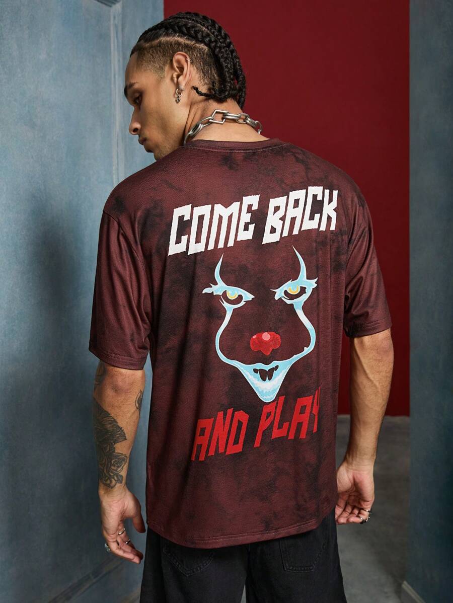 IT x SHEIN Men's Casual Dark Style Cartoon & Letter Print Tie-Dye Loose Short Sleeve T-Shirt, Summer - Burgundy - View 1