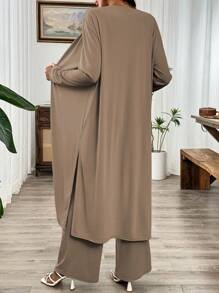 SHEIN LUNE 2 件灰色休闲长袖开衩开衫和裤子套装 - 卡其色 - 查看 2