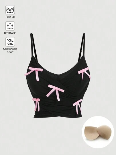 SHEIN MOD Vintage Bow Decor Bust Cup Romantic Cute Women Tank Top, Back To School Kawaii Clothes Cruise Women Outfits Korean Fashion Bra Pad