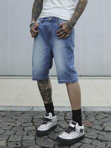 Manfinity Homme 男士简约前扣口袋休闲牛仔短裤 - 中等水洗藍 - 查看 4