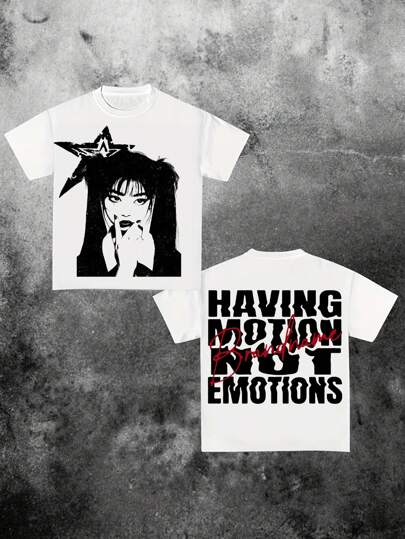 Coolane 大码休闲简约卡通口号图案印花圆领短袖 T 恤，略微透明夏季套头衫