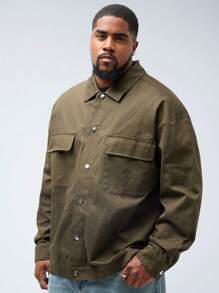 Manfinity VCAY Plus Size Men's Casual Woven Polo Collar Shacket, Suitable For Autumn & Winter - Brown - View 3