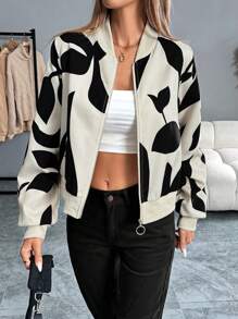 Chiquease 拉链短款黑白树叶印花设计夹克 - 黑與白 - 查看 6