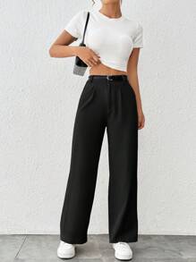SHEIN PETITE 女式休闲直筒裤（配腰带） - 黑色 - 查看 4