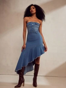 Forever 21 全新秋冬不对称下摆复古抹胸设计连衣裙 - 藍色 - 查看 9