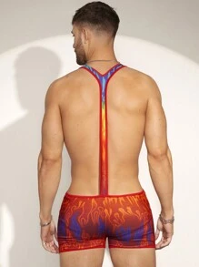 FeverCity Men's Knit Flame Pattern Print Bib Overall Pants - Multicolor - View 2