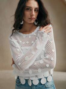 Anewsta Sweater Wanita Warna Polos Leher Bulat Lengan Panjang dengan Aplikasi Bulat Berlubang, Musim Semi dan Gugur, Pullover Rajut Musim Gugur dan Musim Dingin - Putih - View 3