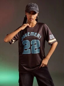 Streetz SHEIN Sport 圆领短袖字母印花简约运动速干 T 恤、棒球服 - 棕色 - 查看 5