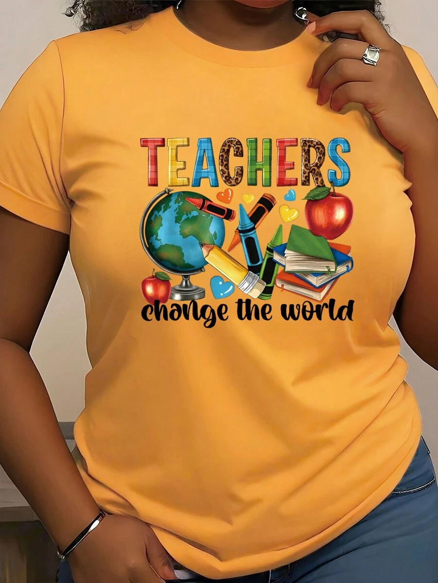 INAWLY Los maestros cambian el mundo, feliz día del maestro, camiseta casual de cuello redondo de manga corta para mujeres con gráfico de gran educador - Amarillo - Ver 1