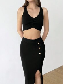 SHEIN Unity 2 peças de suéter simples sem mangas de cor sólida e saia de botão conjunto casual para mulheres - Preto - Ver 3