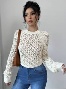 Chiquease Women's Plain Round Neck Raglan Sleeve Hollow Out Fashionable Sweater, For Spring & Autumn, Knit Pullover Fall Winter - Apricot - View 6