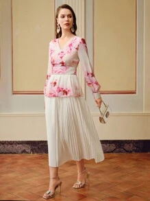 ZEYLAH FLORAL PRINT V-NECK LANTERN SLEEVE PEPLUM TOP WITHOUT BELT - Pink - View 8