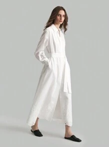 Ontre 白色刺绣亚麻休闲衬衫式连衣裙（带衬里） - 白色 - 查看 4
