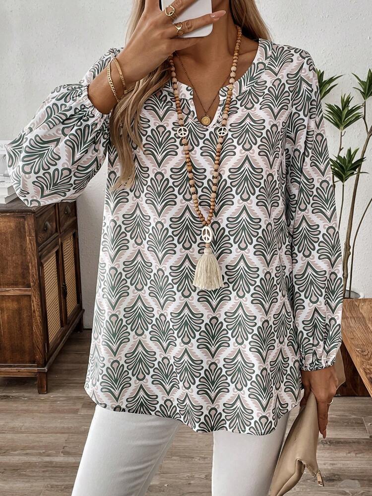 Women's Notch Collar Long Printed Blouse, Autumn