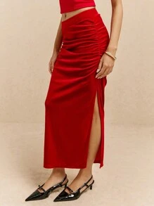 Poéselle Women's Red Velvet High Waisted Pleated High Slit Long Skirt, Party Ladies Skirt, Velvet Long Skirt, Party Skirt, Halloween Skirt, Easy Chic Essentials, Basic Bottom Long Skirt, Autumn Skirt, Winter Skirt, Autumn Women's Clothing, Bridgerton