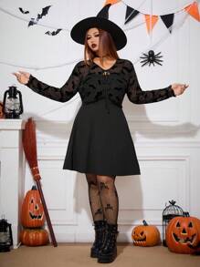 SHEIN EZwear Plus Size Women Black Jacket & Dress 2pcs Set, Halloween Clothes, Halloween Curve, Fall Two Pieces Sets, Bat, Mesh, Witchy Clothes