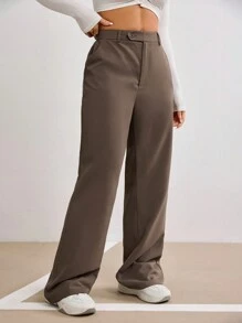 Modelyn Women's Solid Color Straight Loose Pocket Business Casual Pants In Fall/Winter - Coffee Brown - View 3
