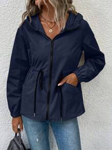 Chiquease Chaqueta casual con capucha, de unicolor, de manga larga y con cordón en la cintura para mujer, primavera y otoño - Azul Marino - Ver 4