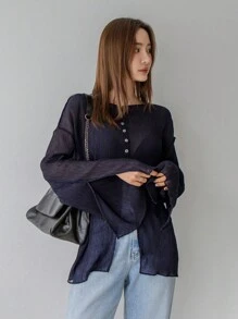 DAZY Áo cánh voan rộng rãi hở vai một hàng khuy đơn màu thời trang xuân hè cho nữ - Màu xanh hải quân - Xem 4