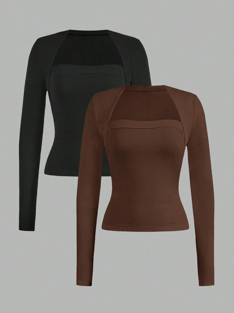 SHEIN EZwear 2 pièces T-shirts à manches longues casual, slim et de couleur noir et café pour femmes, convient pour l'automne et l'hiver