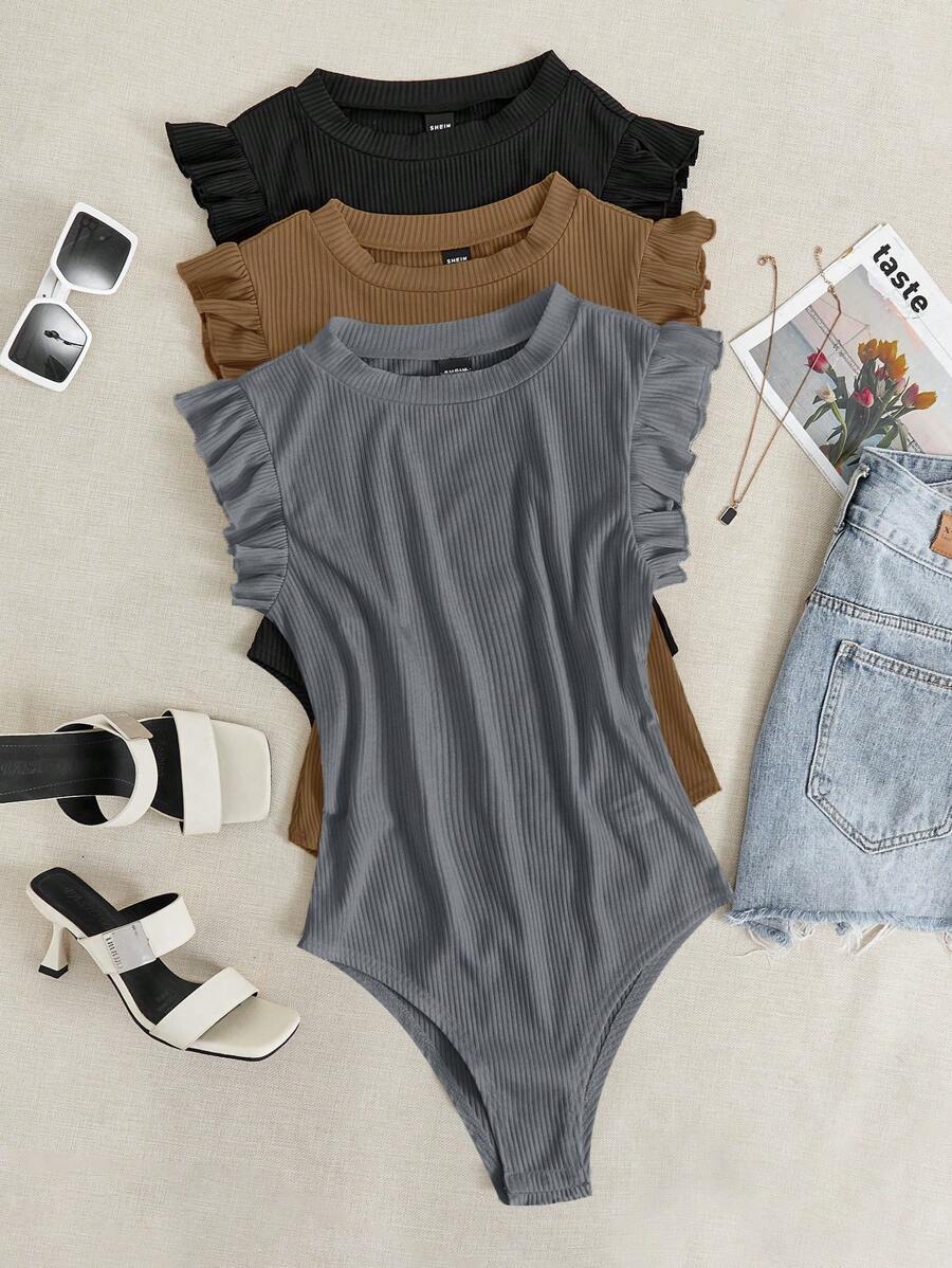Chiquease Bộ đồ liền thân cổ tròn màu trơn viền bèo nhún tối giản ôm sát thường ngày - Nhiều màu - Xem 1