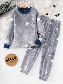 2 件 Tween Boy 夜光星星图案羊毛拼色罗纹运动衫和裤子休闲舒适睡衣套装