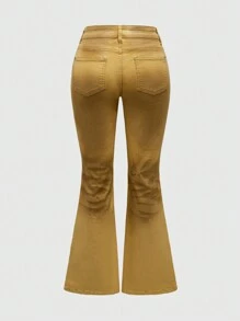 ROMWE Jeans acampanados con estampado ombre de leopardo desgastado estilo Y2K - Amarillo - Ver 2