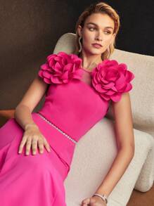 MOTF Soiréza BIG STEREO FLOWER DETAIL CONTRAST MESH YOKE MERMAID HEM FORMAL DRESS