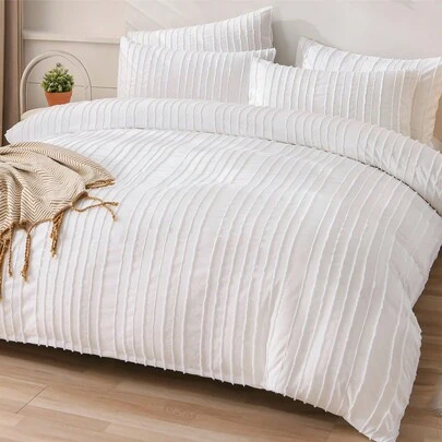 2/3 piezas Juego de ropa de cama, Juego de ropa de cama blanca, Suave y cálido, Amigable con la piel, Patrón de rayas onduladas de unicolor, Cómodo anti-bolas, Incluye funda de edredón y funda de almohada(s), Excluye edredón, Adecuado para camas individuales, dobles, queen, king, Múltiples tamaños disponibles, Lavable a máquina, Adecuado para volver a la escuela, decoración de otoño, decoración de habitación