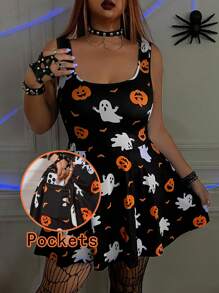 SHEIN EZwear Plus Size Women Crew Neck Sleeveless Ruffle Hem Solid Color Jumpsuit With Pockets, For Casual, Workout, Yoga, School, Outdoor Scenes, Halloween,Halloween Clothes,Halloween Curve,Pumpkin,Spooky