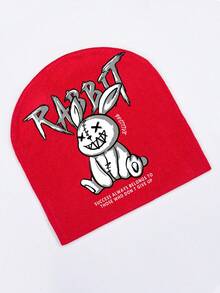 SHEIN Y2K 嵌花针织帽，男女通用街头风格字母图案便帽 - 紅色 - 查看 3