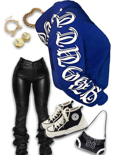 Slaydiva Autumn And Winter Casual Simple Street Hooded Kangaroo Bag Sleeves Hat Letter Logo Slogan Printed Loose Raglan Long-Sleeved Women's Sweatshirt-E