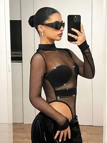 SHEIN ICON Women Sexy Rhinestone Fishnet Sheer Bodysuit, Black Clothes - Black - View 5