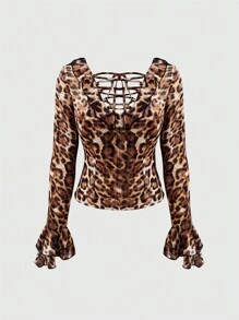 ROMWE Hippie Y2K Leopard Print Lace-Up Flare Sleeve Sheer Chiffon Blouse For Women - Coffee Brown - View 1