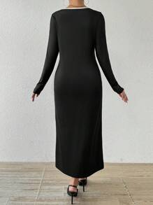 Chiquease V-Neck Long Sleeve Color Block Patchwork High Split Casual Dress - Black - View 2