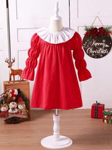 Young Girl Fashionable Simple Christmas Colorblock Dress - Red - View 5