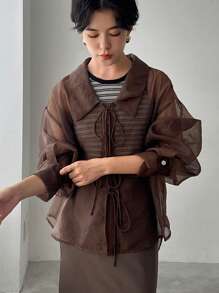FRIFUL Blusa casual de manga larga con nudo delantero de unicolor, ropa de otoño para mujer