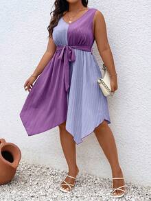 Celure Plus Size Women's Summer Contrast Color V-Neck Knotted Waist Asymmetric Hem Sleeveless Dress - Multicolor - View 4