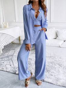 Calvaya Ladies' Striped Simple Daily Long Sleeve Top And Pants Set Fall Cloth For Women - Blue and White - View 1