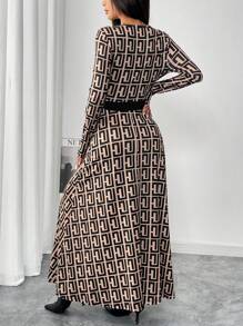 Mulvari Women's Geometric Print V-Neck Long Sleeve Knotted Waist Maxi Casual Arabian Style Modest Dress