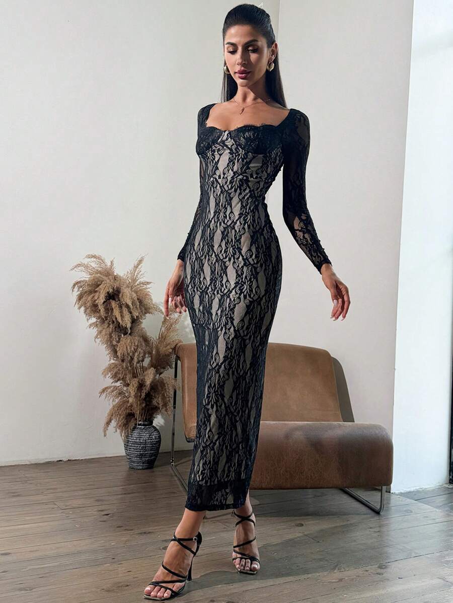 SHEIN Privé 女士优雅浪漫简约派对方领蕾丝长袖紧身连衣裙 - 黑色 - 查看 1