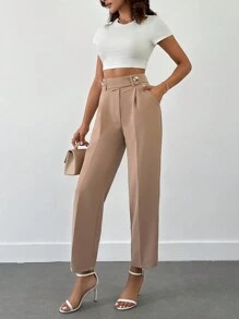RueChic Women High Waist Rusty Rose Double Buttoned Pants - Rusty Rose - View 5