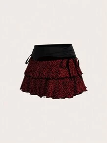 SHEIN EZwear Falda evasé con plisado y volante con estampado de leopardo - Rojo - Ver 3