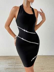 Zolique Women's Elegant Crystal Decor Halter Neck Bodycon Mini Bandage Dress,Black,Summer,70's,Club,Party,Homecoming Short Black Dresses - Black - View 3