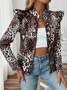 SHEIN LUNE Women's Leopard Print Patchwork Ruffle Hem Zipper Front Long Sleeve Jacket Fall Cloth For Women - Khaki - View 1