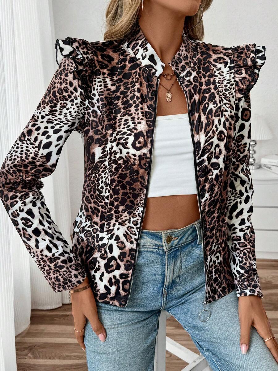 SHEIN LUNE Women's Leopard Print Patchwork Ruffle Hem Zipper Front Long Sleeve Jacket Fall Cloth For Women - Khaki - View 1