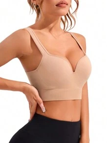 SHEIN Cheerettes 女士无缝固定罩杯运动胸罩，无可拆卸垫的高强度运动胸罩，带缝制垫的运动胸罩，带不可拆卸垫的高强度支撑模制罩杯，适用于女士高支撑工字背心、健身、瑜伽、跑步 - 杏色 - 查看 5